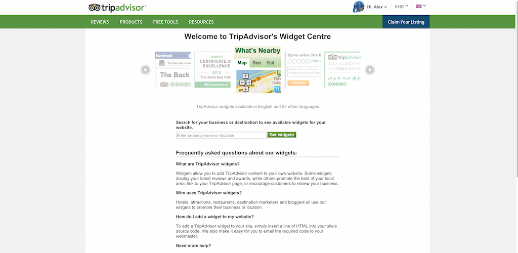 Centrum widżetów TripAdvisor dla firm