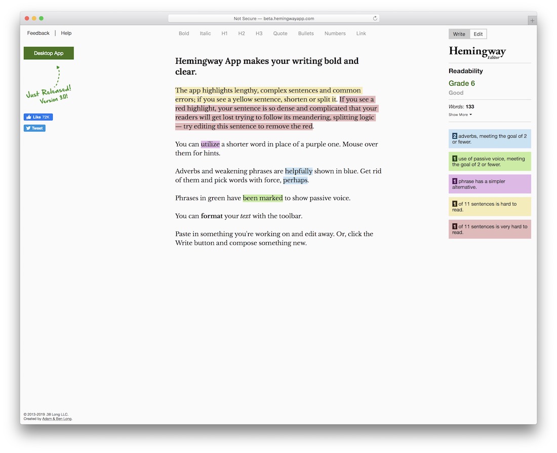 strumento gratuito di produttività per la scrittura di editor Hemingway