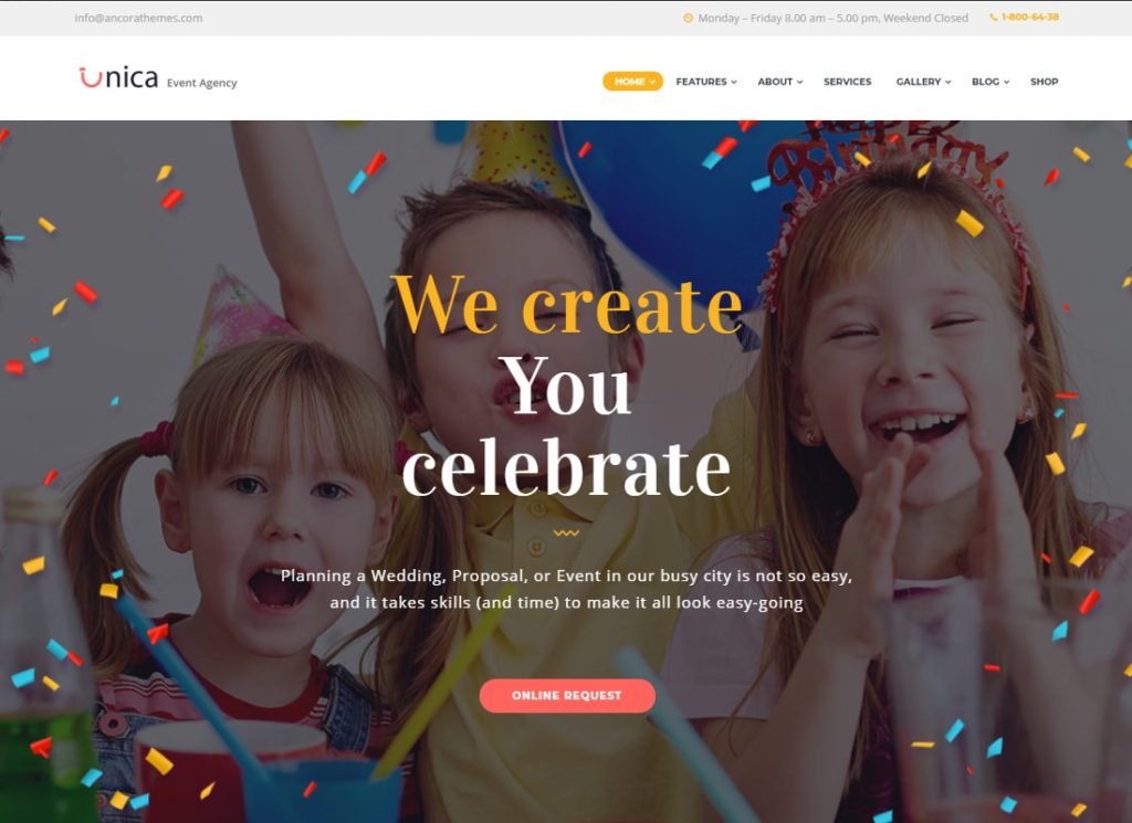 Уника | Тема WordPress для агентства по организации мероприятий, дня рождения и свадьбы