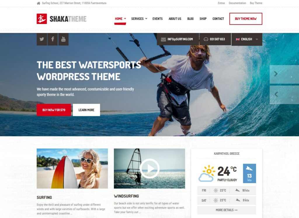 沙卡 |水上运动和活动学校、冲浪、皮划艇的海滩商业 WordPress 主题