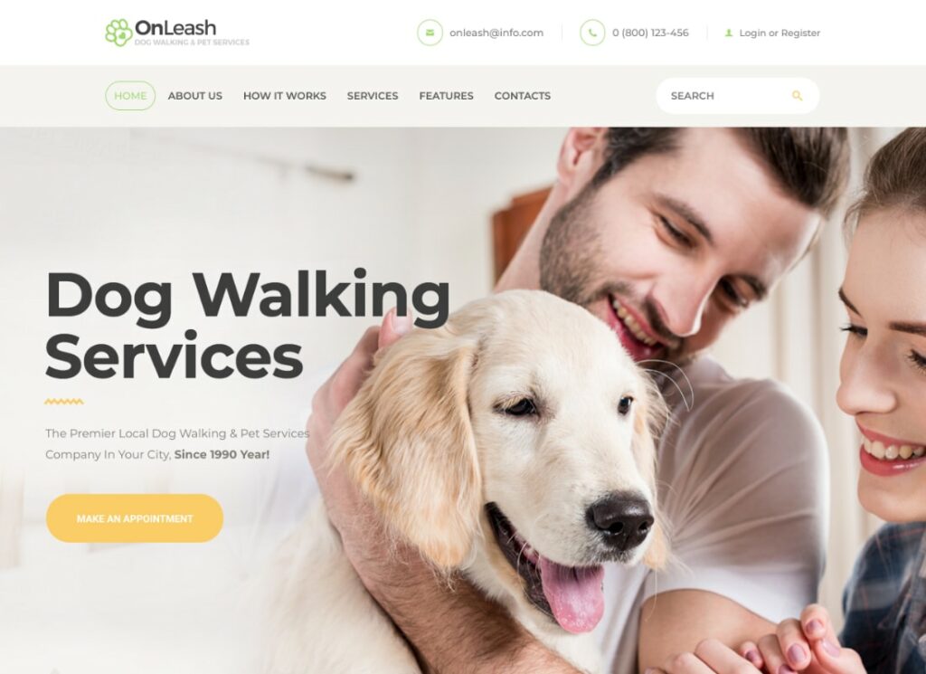 OnLeash | Paseos de perros y servicios para mascotas Tema veterinario de WordPress