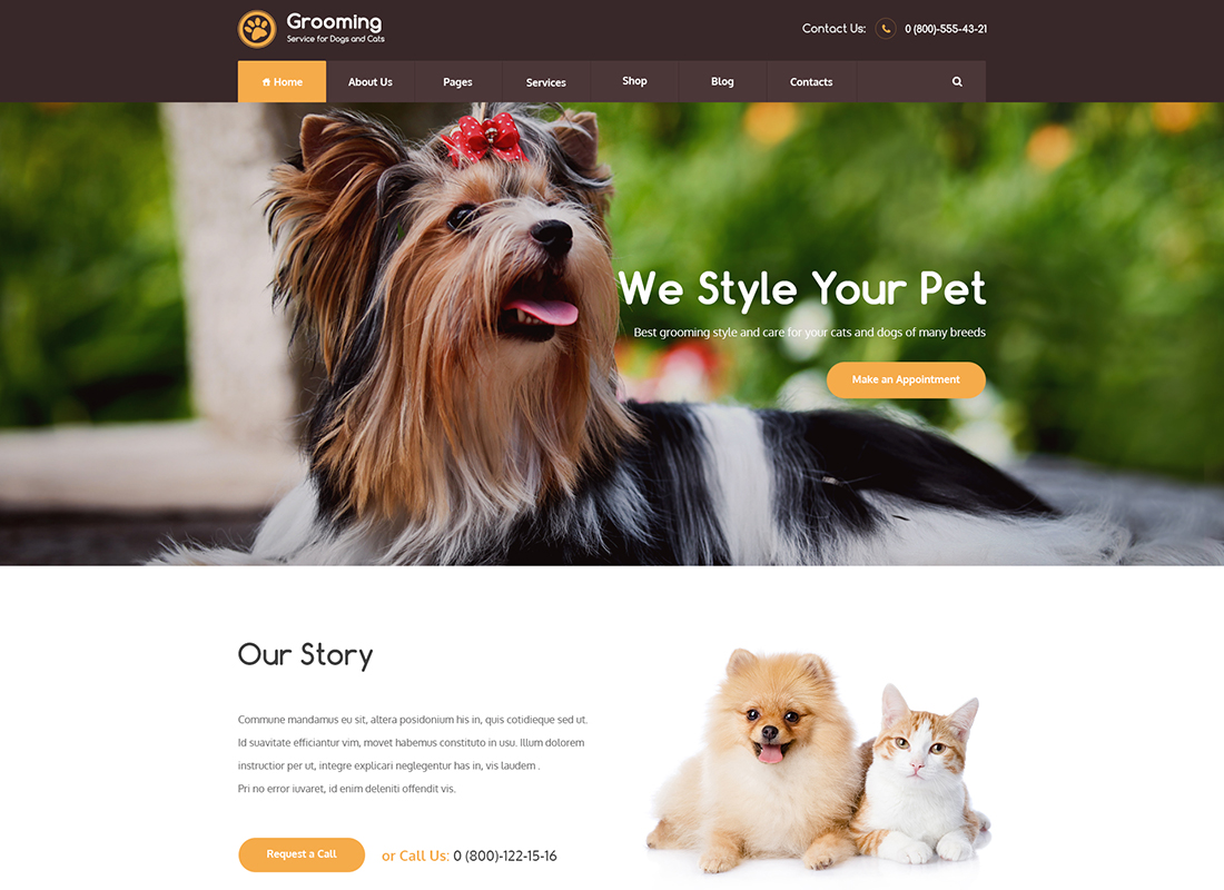 ตัดแต่งขนสัตว์เลี้ยง / ร้านขายสัตว์เลี้ยง / สัตวแพทย์ - WordPress Theme