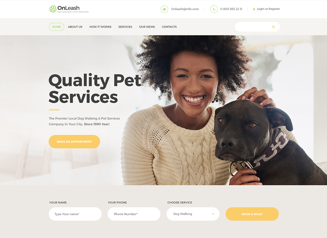 OnLeash - บริการเดินสุนัขและสัตว์เลี้ยง WordPress Theme