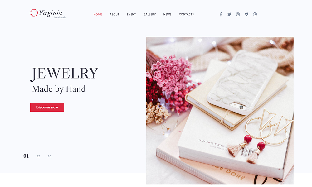 เวอร์จิเนีย - เทมเพลตเว็บไซต์สำหรับเครื่องประดับทำมือด้วย Elementor Builder WordPress Theme