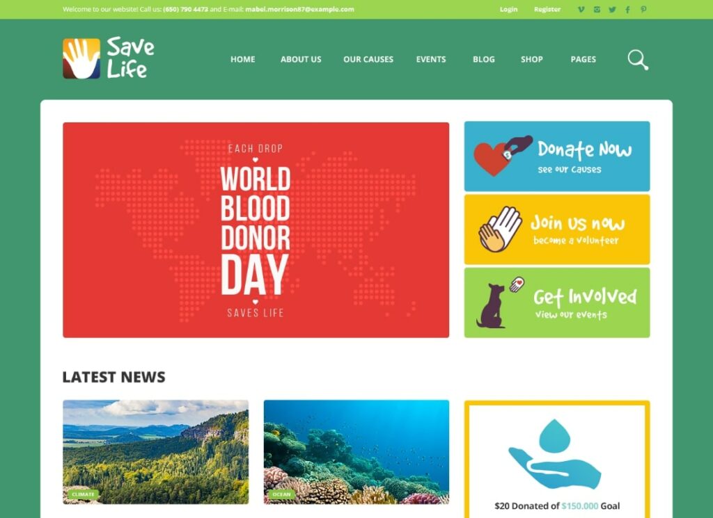 Salve a vida | Tema WordPress para organizações sem fins lucrativos, caridade e doações