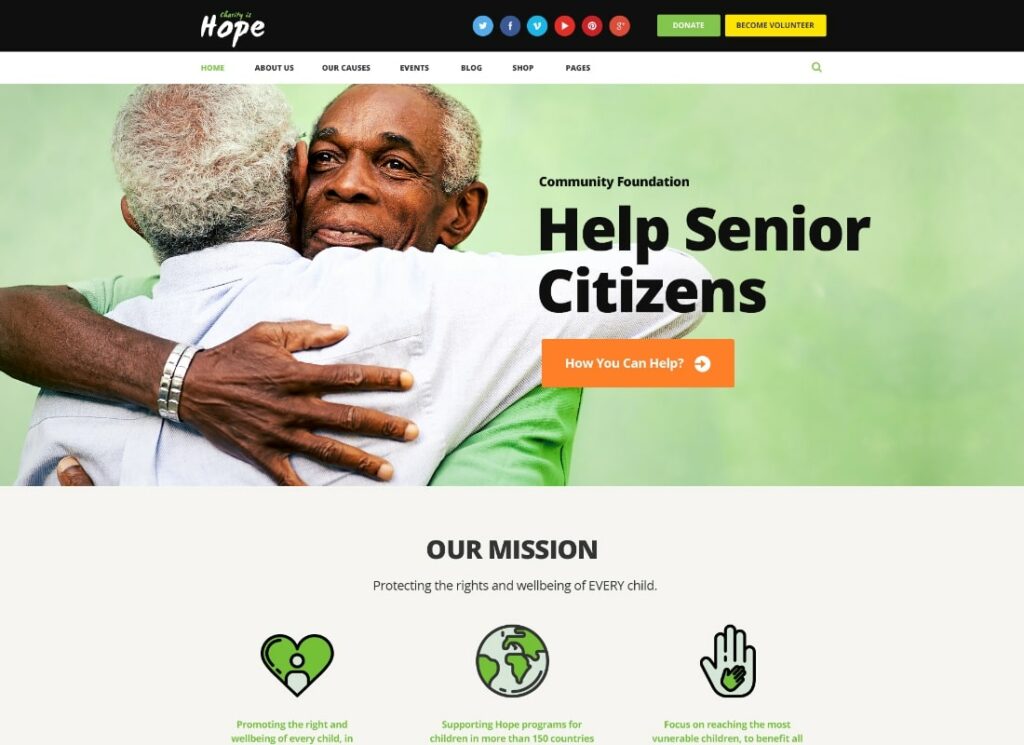 Hope | Tema WordPress + RTL para organizações sem fins lucrativos, caridade e doações