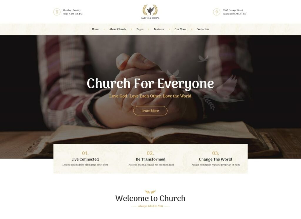 Fé e Esperança | Tema WordPress de Igreja e Religião Modernas para WordPress sem fins lucrativos