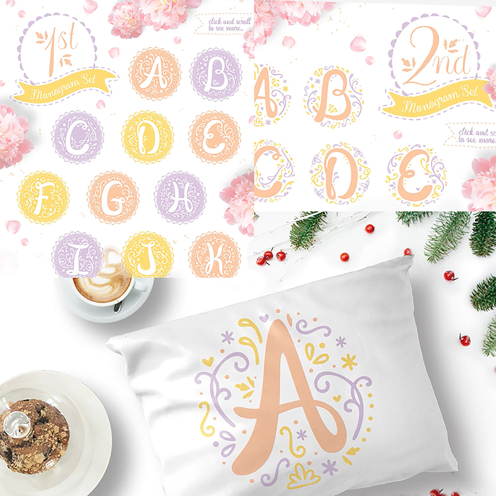 Jolis monogrammes : 26 éléments en 3 variations de couleurs