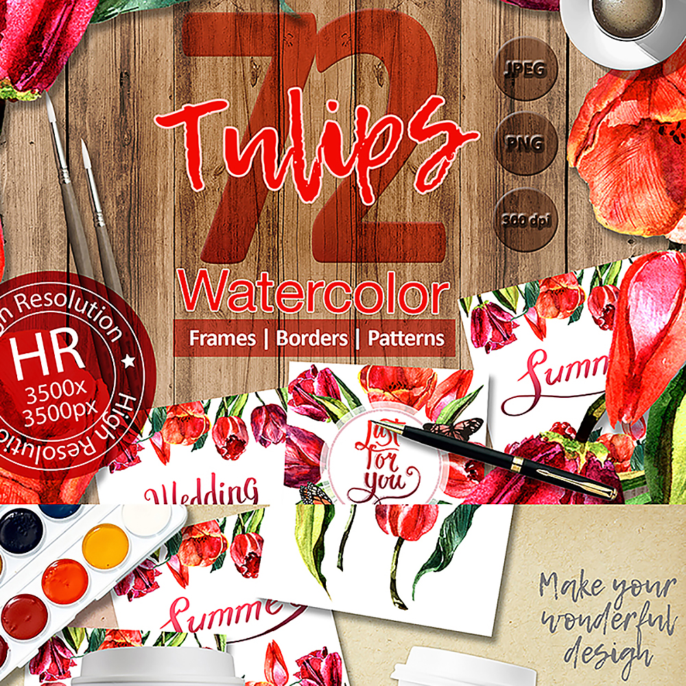 Superbes tulipes rouges PNG Aquarelle Set Illustration