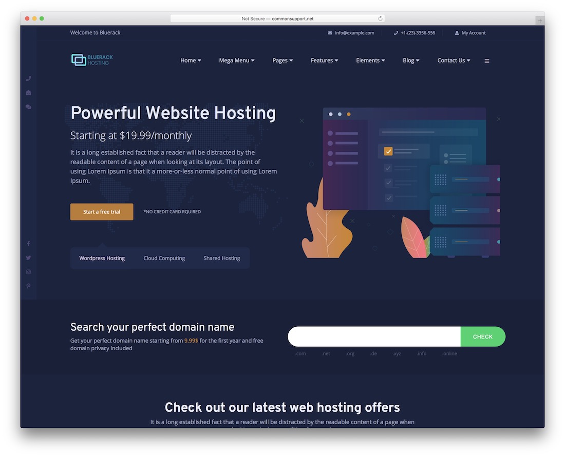 thème wordpress d'hébergement bluerack