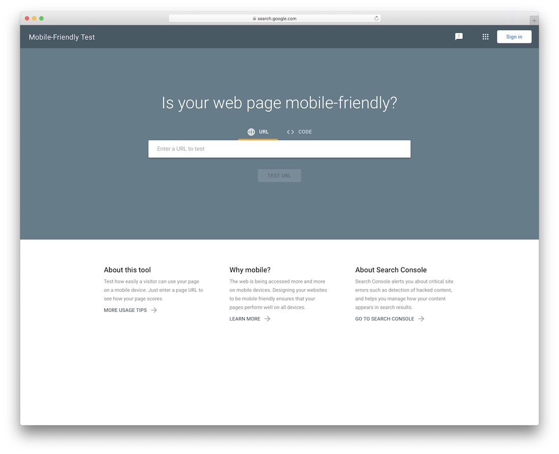 teste de compatibilidade com dispositivos móveis pela ferramenta de design da web do Google