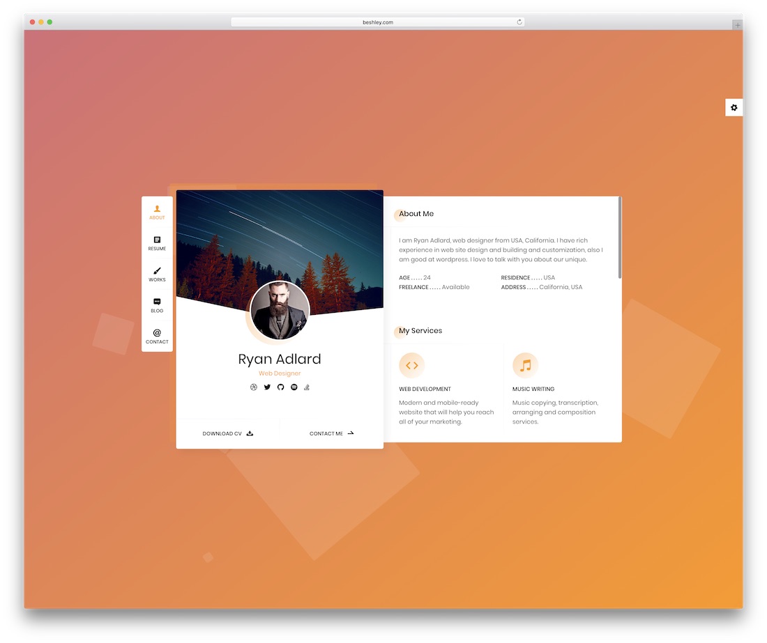 șablon site web personal Ryan vcard