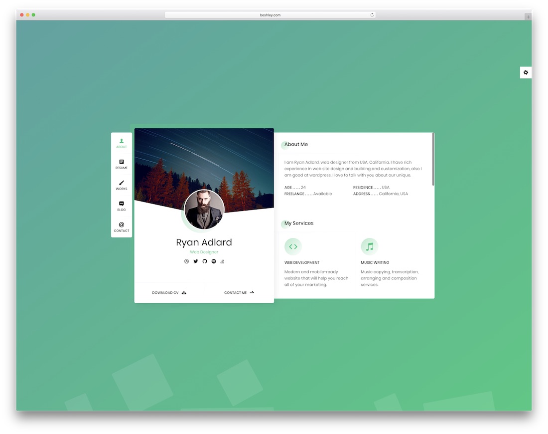 ryan vcard bootstrap modelo de site pessoal
