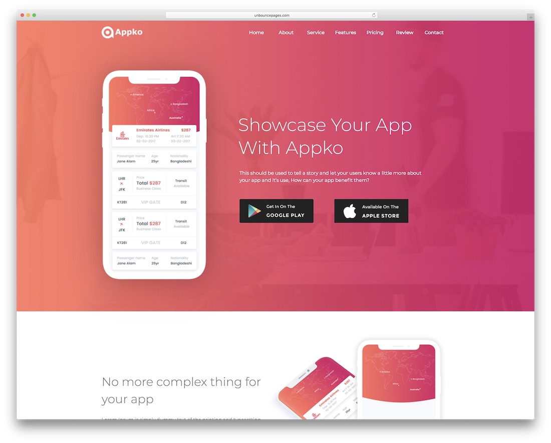 modèle de page de destination de l'application appko unbounce