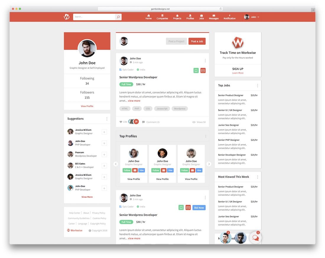 Workwise Bootstrap шаблон социальной сети