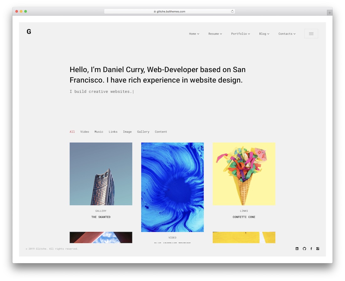 Glitch vcard Lebenslauf WordPress Theme