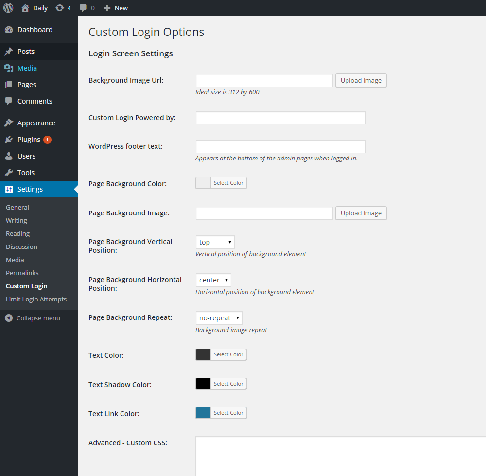 BM Custom Login-Plugin-Optionen