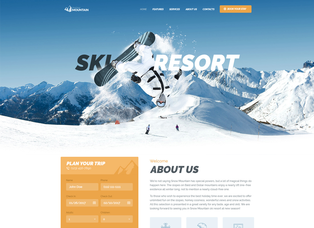 雪山 - 滑雪场和滑雪板学校 WordPress 主题