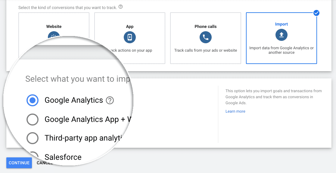 เลือกการนำเข้า Analytics