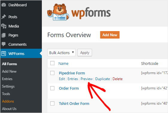 ตัวเลือกการแสดงตัวอย่างฟอร์ม Pipedrive wordpress