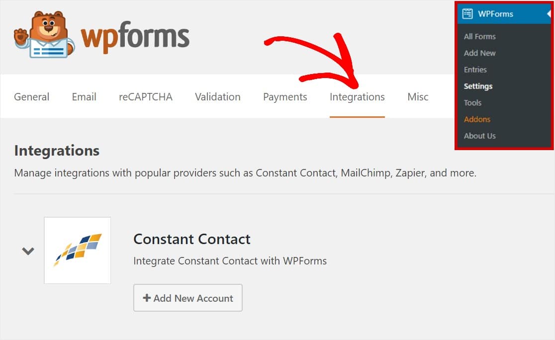 подключить постоянный контакт к формам wordpress