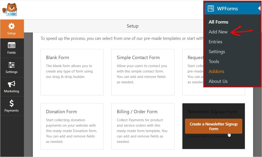 wpforms создать новый информационный бюллетень
