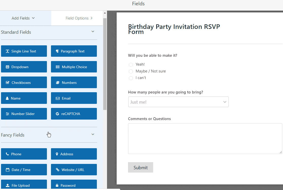 dodaj pola do internetowego formularza zaproszenia na przyjęcie urodzinowe rsvp