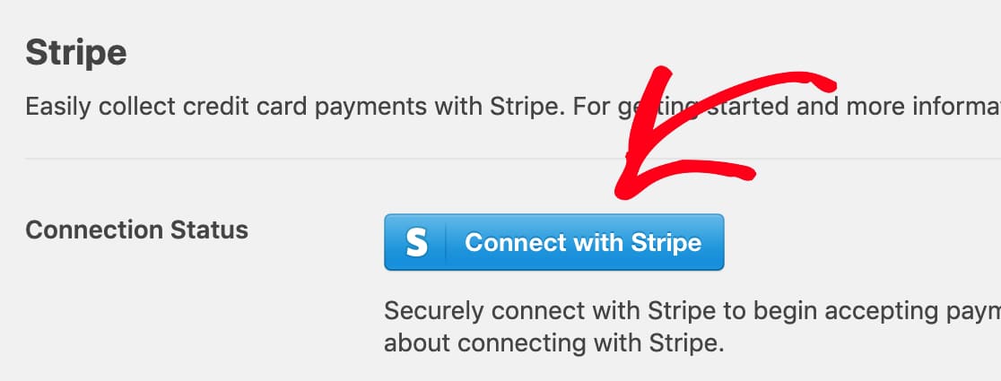 WPForms 결제 설정에서 Stripe Connect 버튼 클릭