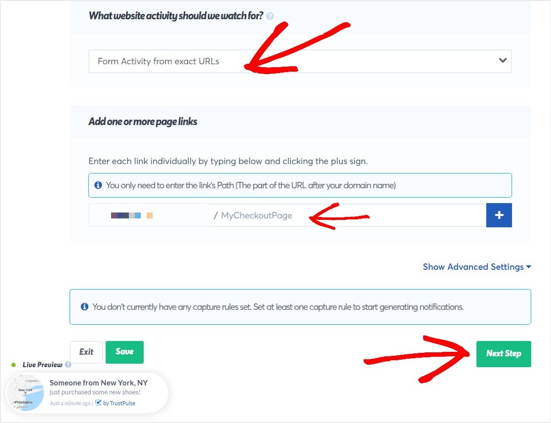 configuración de actividad del sitio web en trustpulse para notificación de ventas en vivo