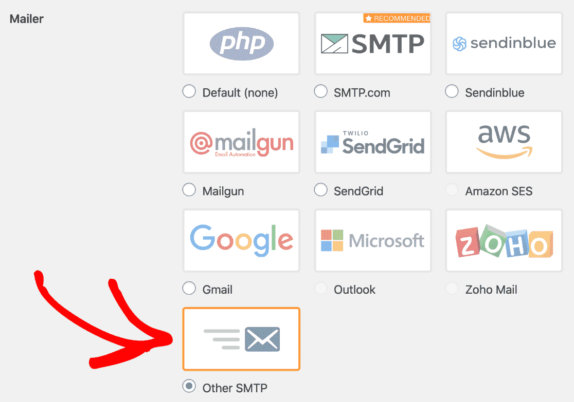 WP Mail จดหมาย SMTP ที่เลือก SMTP อื่นไว้