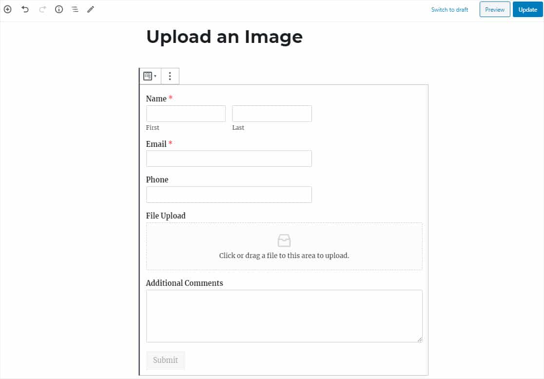 formulario de carga de imágenes en el editor de wordpress