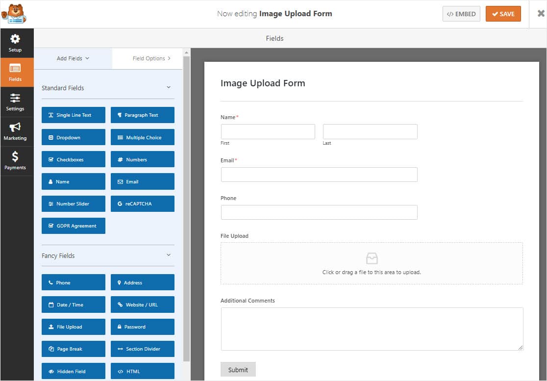 formulario con imagen de carga de wordpress