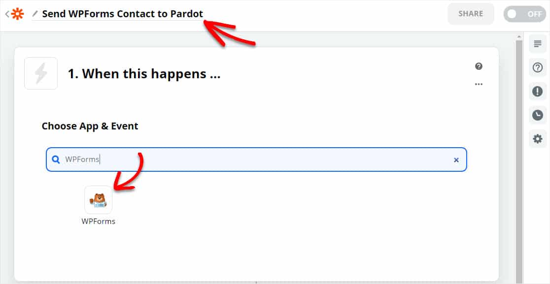 pardot 양식 연결을 위해 zapier에서 wpforms 선택