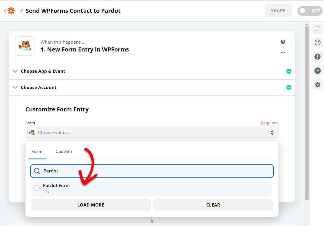 당신이 만든 wpforms pardot 양식을 선택