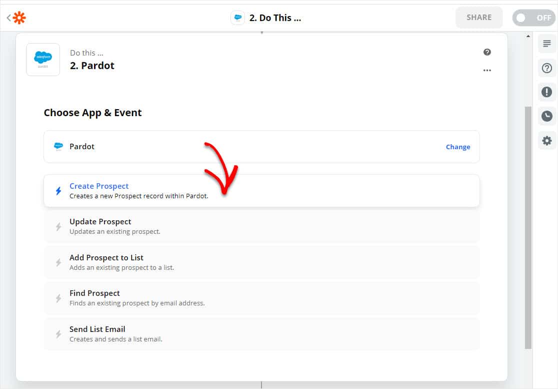 pardot wordpress 양식에서 새 잠재 고객 생성을 클릭하십시오.