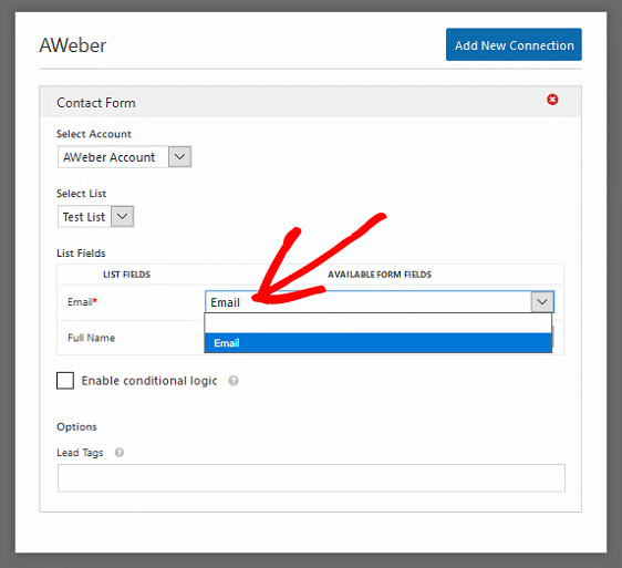 Impostazioni di connessione del modulo di contatto AWeber WordPress