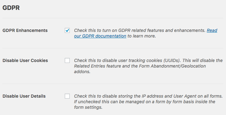 Opzioni di miglioramento GDPR in WPForms