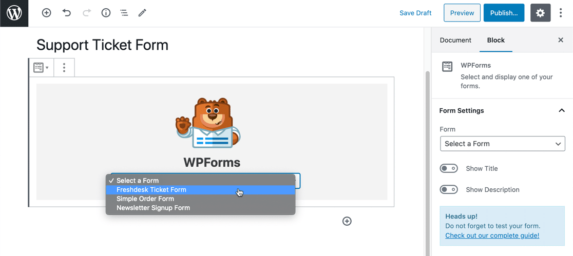 Lista suspensa de formulário do Freshdesk WordPress