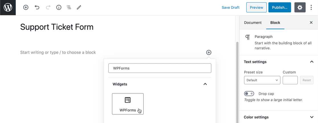 Adicione o formulário Freshdesk WordPress no editor de blocos