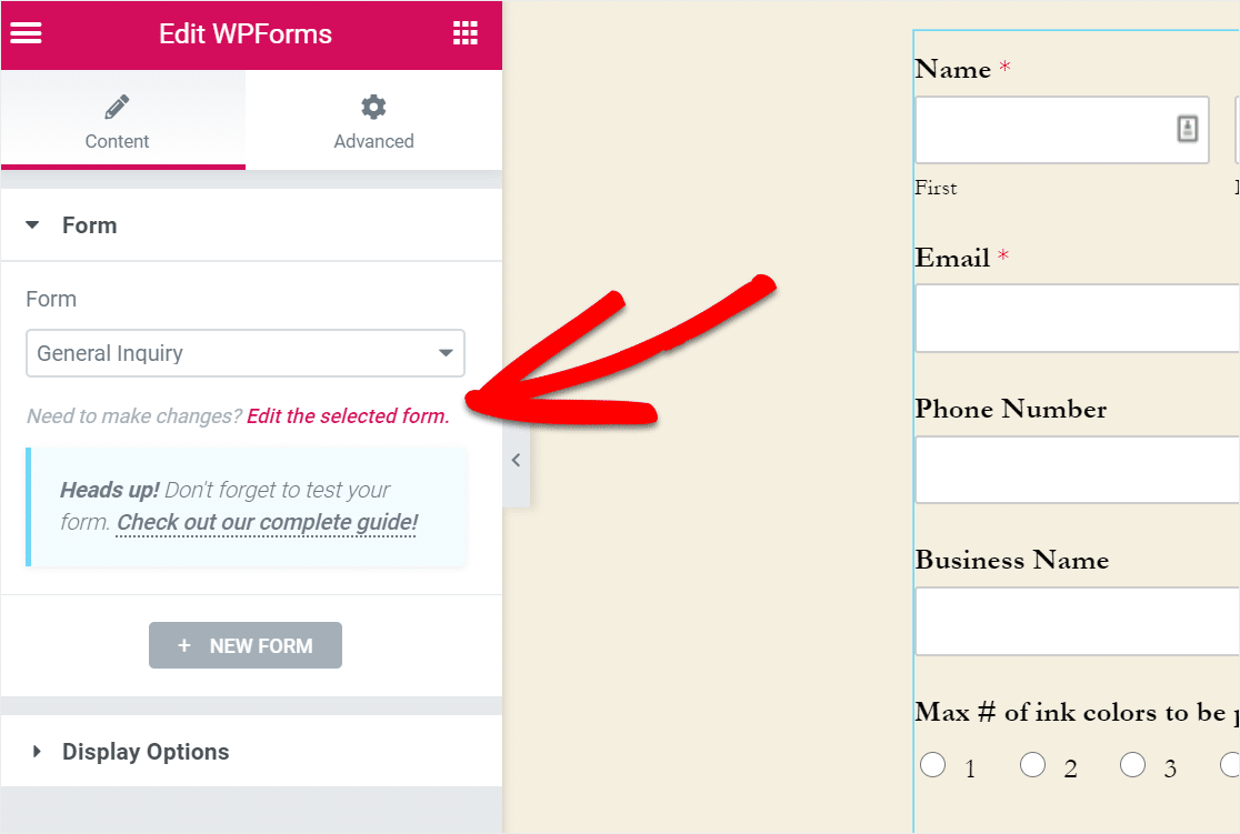 在 elementor 中編輯選定的 wpforms 表單