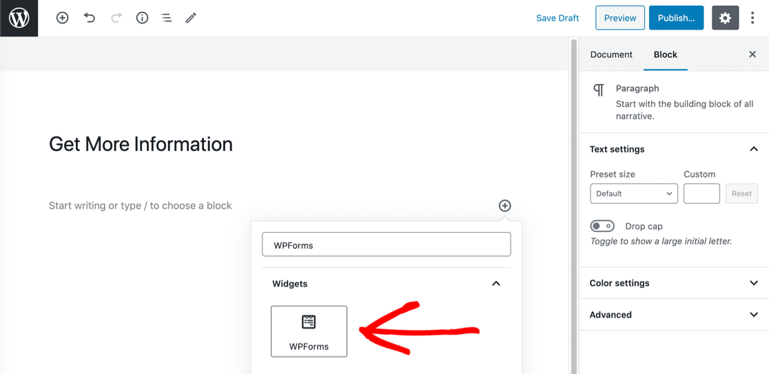 在块编辑器中选择 WPForms 块