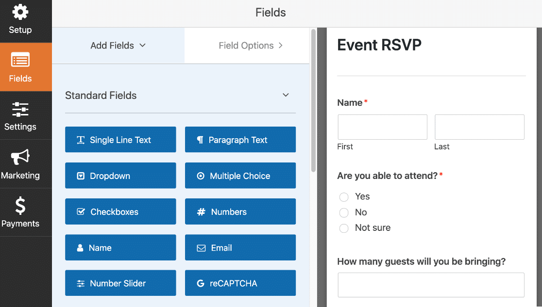 Formulario RSVP en el creador de formularios en WordPress
