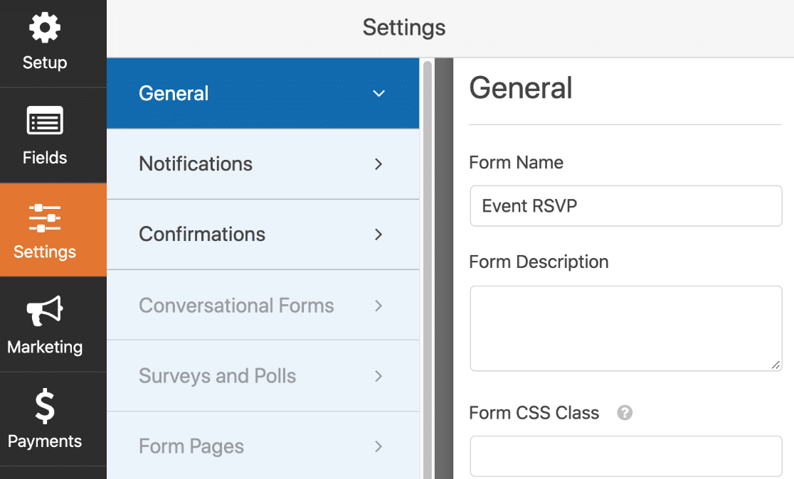 Configuración general en el formulario RSVP