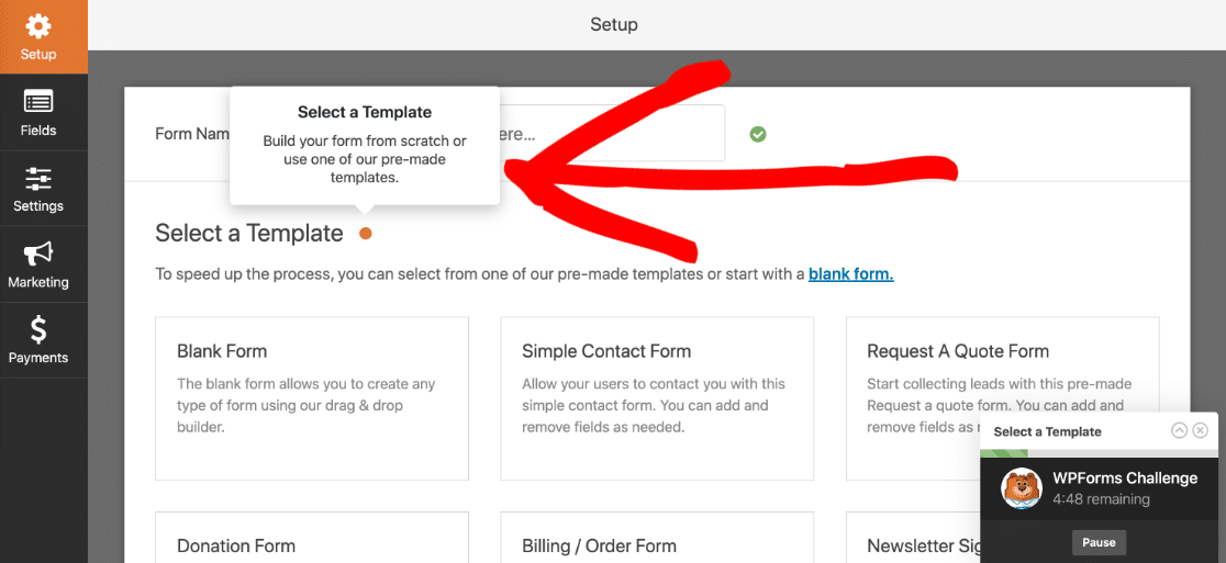 WPForms 챌린지에서 템플릿 선택