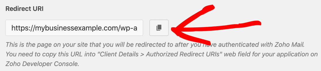 Copie el URI de redireccionamiento para Zoho Mail SMTP
