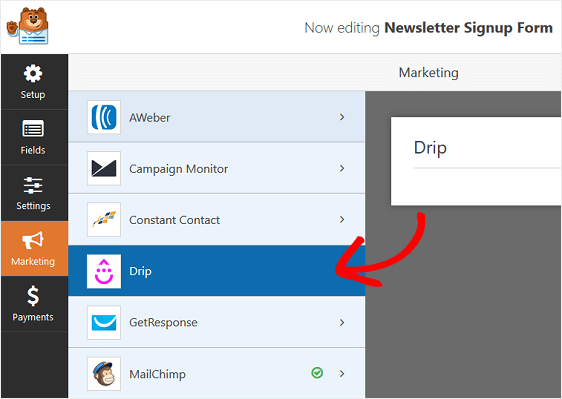 configurações de marketing de gotejamento