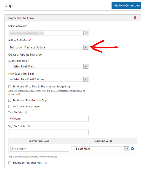 configurações de ação de gotejamento