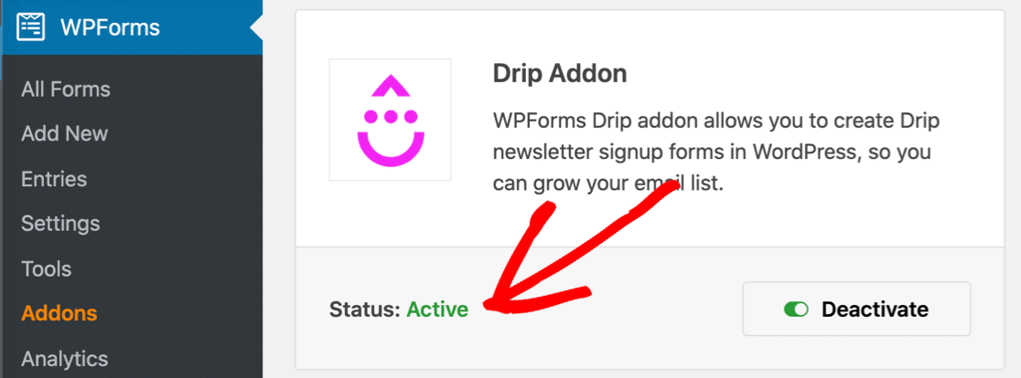 Plug-in do Drip WordPress ativo em WPForms
