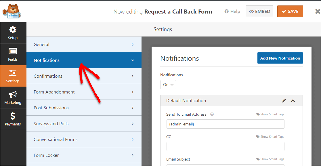 solicitar una devolución de llamada formulario de notificaciones