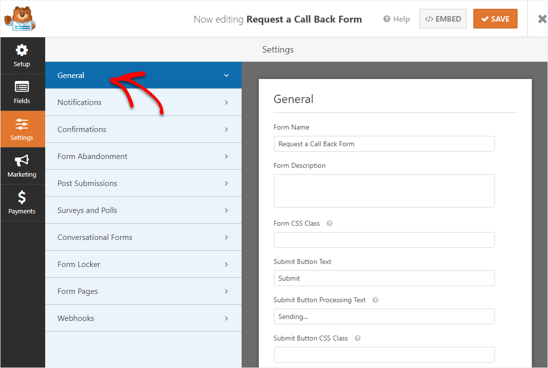 configuración en wordpress para una solicitud un formulario de devolución de llamada